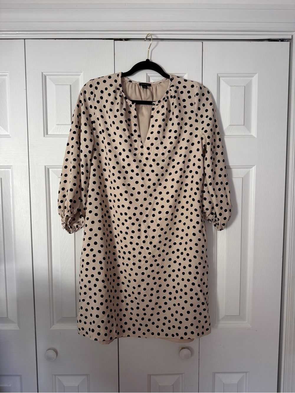 Ann Taylor Beige/Tan Mini Dress with Black Polka Dots size M